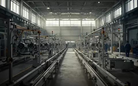 Leere Fertigungshalle in einem deutschen Automobilwerk mit wenigen Arbeitern und stillstehenden Maschinen. - Foto: über boerse-global.de