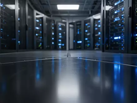 Ein dunkler Serverraum mit blauen LED-Lichtern, die auf einer metallischen Oberfläche reflektieren. - Foto: über boerse-global.de