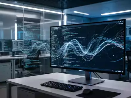 Ein moderner Arbeitsplatz in einem Cybersecurity-Kontrollzentrum mit komplexen Code-Strukturen auf einem Monitor. - Foto: über boerse-global.de