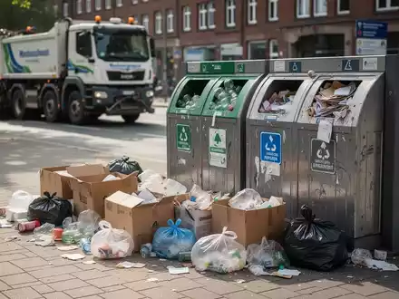 Überquellende Wertstoffcontainer und wild abgelagerter Müll auf einem städtischen Platz bei Tageslicht. - Foto: über boerse-global.de