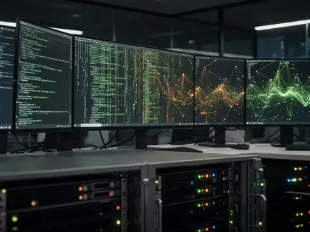 Ein moderner, dunkel beleuchteter Arbeitsplatz mit Bildschirmen, die komplexen Programmcode und Netzwerkdaten zeigen. - Foto: über boerse-global.de