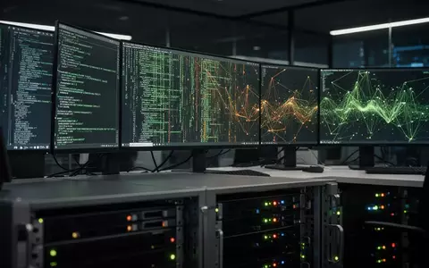 Ein moderner, dunkel beleuchteter Arbeitsplatz mit Bildschirmen, die komplexen Programmcode und Netzwerkdaten zeigen. - Foto: über boerse-global.de