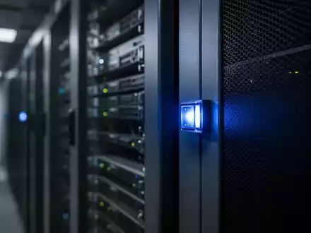 Nahaufnahme eines beleuchteten Serverschranks in einem dunklen Rechenzentrum als Symbol für Cybersicherheit und Malware. - Foto: über boerse-global.de