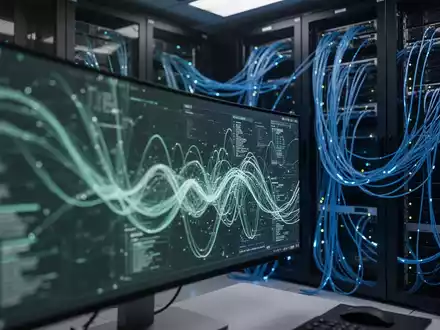 Ein moderner Serverraum mit blau leuchtenden Glasfaserkabeln und abstrakten Datenströmen auf einem Bildschirm. - Foto: über boerse-global.de