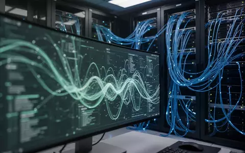 Ein moderner Serverraum mit blau leuchtenden Glasfaserkabeln und abstrakten Datenströmen auf einem Bildschirm. - Foto: über boerse-global.de