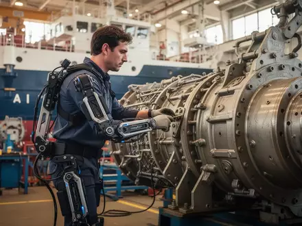 Techniker in einem maritimen Industriebetrieb, der ein ergonomisches Exoskelett bei der Arbeit an einem Schiffsmotor trägt. - Foto: über boerse-global.de