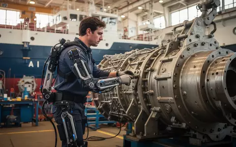 Techniker in einem maritimen Industriebetrieb, der ein ergonomisches Exoskelett bei der Arbeit an einem Schiffsmotor trägt. - Foto: über boerse-global.de