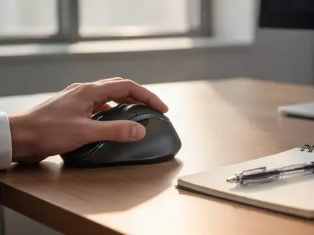 Nahaufnahme einer linken Hand, die eine ergonomische vertikale Computermaus auf einem modernen Schreibtisch bedient. - Foto: über boerse-global.de