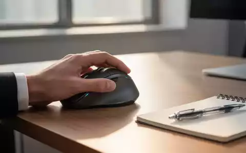Nahaufnahme einer linken Hand, die eine ergonomische vertikale Computermaus auf einem modernen Schreibtisch bedient. - Foto: über boerse-global.de