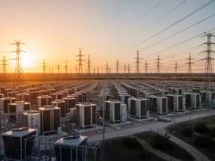 Ein modernes Rechenzentrum vor einer weiten texanischen Landschaft mit Strommasten bei Sonnenuntergang. - Foto: über boerse-global.de