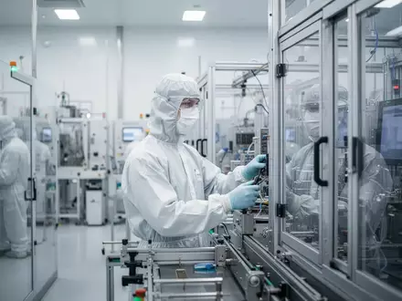 Ein Arbeiter in einem sterilen Reinraum einer modernen Halbleiterfabrik in Sachsen bei der Bedienung von Maschinen. - Foto: über boerse-global.de