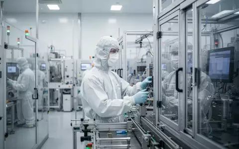 Ein Arbeiter in einem sterilen Reinraum einer modernen Halbleiterfabrik in Sachsen bei der Bedienung von Maschinen. - Foto: über boerse-global.de
