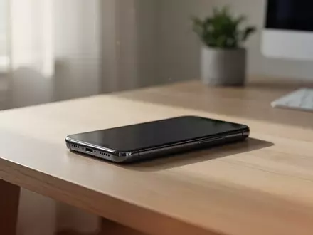 Ein modernes Smartphone auf einem minimalistischen Schreibtisch in einem hellen Büro bei Tageslicht. - Foto: über boerse-global.de