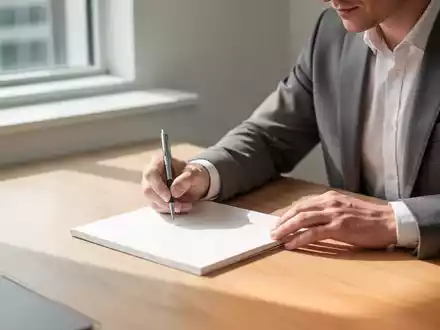 Eine Person sitzt an einem minimalistischen Schreibtisch und setzt konzentriert zum ersten Strich in einem Notizbuch an. - Foto: über boerse-global.de