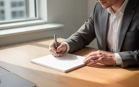 Eine Person sitzt an einem minimalistischen Schreibtisch und setzt konzentriert zum ersten Strich in einem Notizbuch an. - Foto: über boerse-global.de