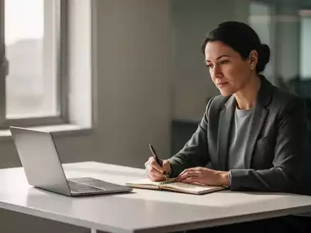 Eine konzentrierte Person arbeitet ruhig an einem minimalistischen Schreibtisch mit Laptop und Notizbuch in einem hellen Büro. - Foto: über boerse-global.de