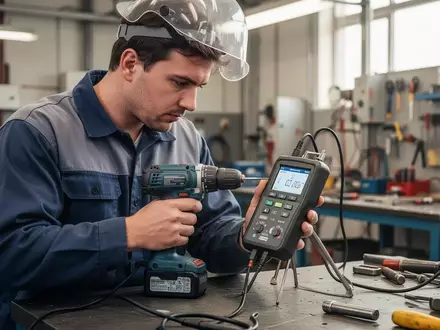 Elektrofachkraft bei der fachgerechten Prüfung eines ortsveränderlichen elektrischen Betriebsmittels in einer Werkstatt. - Foto: über boerse-global.de