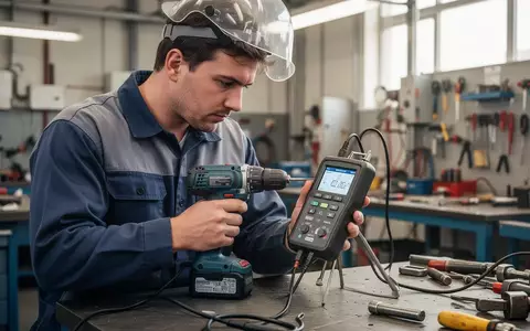 Elektrofachkraft bei der fachgerechten Prüfung eines ortsveränderlichen elektrischen Betriebsmittels in einer Werkstatt. - Foto: über boerse-global.de