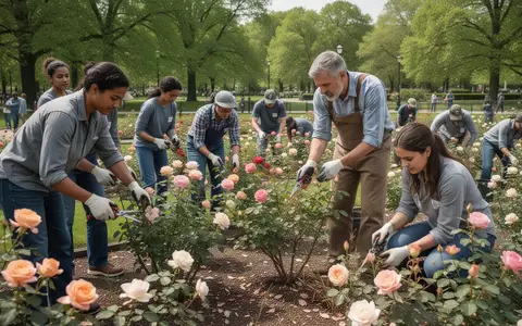 Eine Gruppe von Freiwilligen und ein Gärtner pflegen gemeinsam Rosenbeete in einem städtischen Park. - Foto: über boerse-global.de