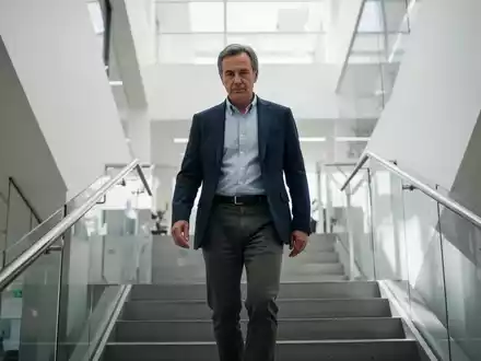 Eine Person mittleren Alters steigt eine moderne Treppe in einem hellen Bürogebäude hinauf. - Foto: über boerse-global.de