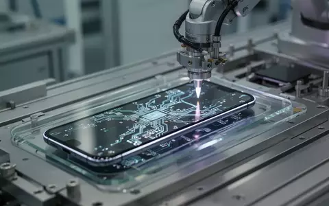 Ein hochpräziser Roboterarm montiert ein OLED-Display in einer sterilen Produktionsumgebung für Smartphones. - Foto: über boerse-global.de