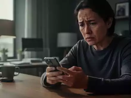 Eine besorgt wirkende Person schaut in einem modern eingerichteten Heimbüro auf ihr Smartphone. - Foto: über boerse-global.de
