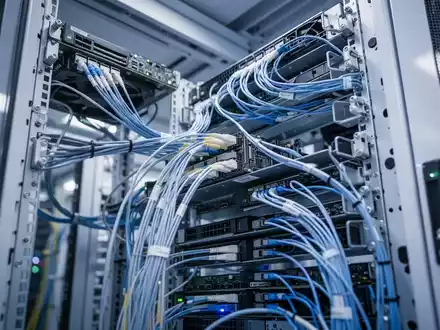 Nahaufnahme von hochmodernen Server-Racks und Glasfaserverkabelung in einem Rechenzentrum. - Foto: über boerse-global.de