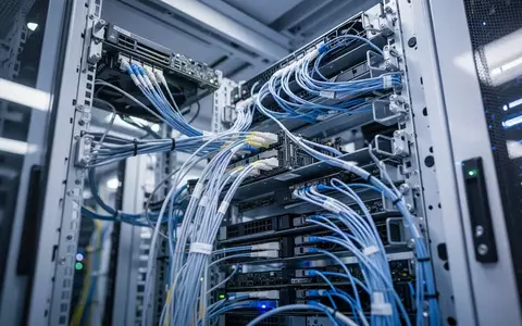 Nahaufnahme von hochmodernen Server-Racks und Glasfaserverkabelung in einem Rechenzentrum. - Foto: über boerse-global.de
