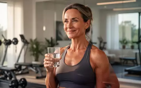 Eine sportliche Frau in den Vierzigern in einem hellen Fitnessraum, die ein Glas Wasser hält und gesund aussieht. - Foto: über boerse-global.de