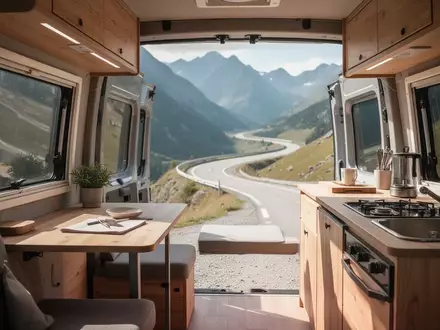 Innenansicht eines minimalistisch eingerichteten Wohnmobils mit Blick auf eine Gebirgslandschaft durch die offene Hecktür. - Foto: über boerse-global.de