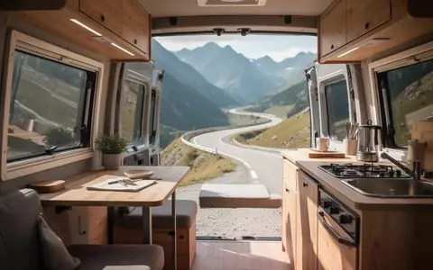 Innenansicht eines minimalistisch eingerichteten Wohnmobils mit Blick auf eine Gebirgslandschaft durch die offene Hecktür. - Foto: über boerse-global.de