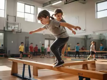 Ein Kind bei einer Gleichgewichtsübung auf einem Schwebebalken in einer modernen Sporthalle. - Foto: über boerse-global.de