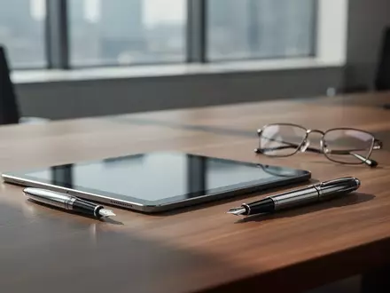 Ein moderner, minimalistischer Büroarbeitsplatz mit einem Tablet und einer Füllfederhalter auf einem Holztisch. - Foto: über boerse-global.de