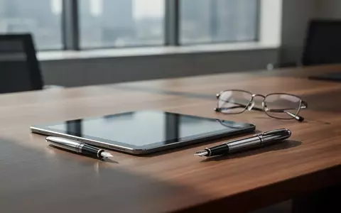 Ein moderner, minimalistischer Büroarbeitsplatz mit einem Tablet und einer Füllfederhalter auf einem Holztisch. - Foto: über boerse-global.de