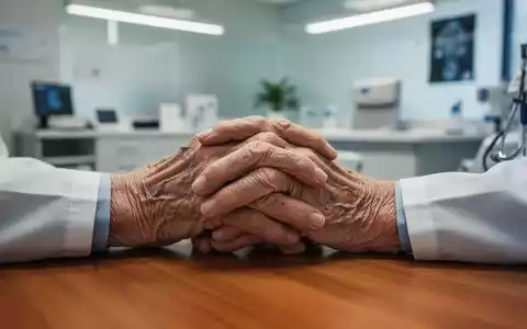 Nahaufnahme der Hände einer älteren Person auf einem Holztisch in einer Arztpraxis, die eine nachdenkliche Atmosphäre vermittelt. - Foto: über boerse-global.de