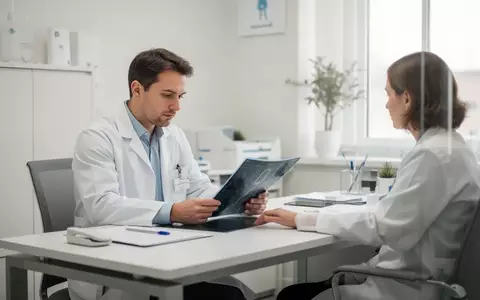 Ein Rheumatologe in einem hellen Behandlungszimmer beim Studium einer Patientenakte. - Foto: über boerse-global.de