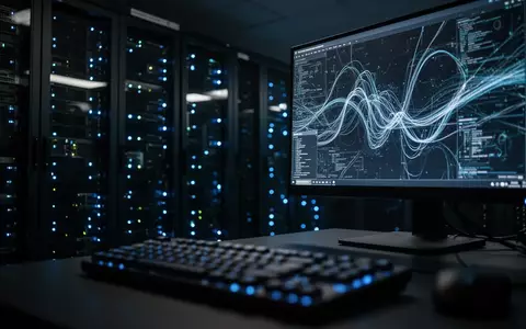 Ein schwach beleuchteter Serverraum mit leuchtend blauen Statuslichtern, die eine Cybersicherheitsuntersuchung zu Datendiebstahl darstellen. - Foto: über boerse-global.de