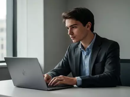 Ein junger Berufseinsteiger sitzt nachdenklich vor einem Laptop in einem modernen, hellen Büro. - Foto: über boerse-global.de