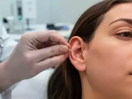 Ärztin bei der Durchführung einer Ohrakupunkturbehandlung an einem Patienten in einer medizinischen Praxis. - Foto: über boerse-global.de