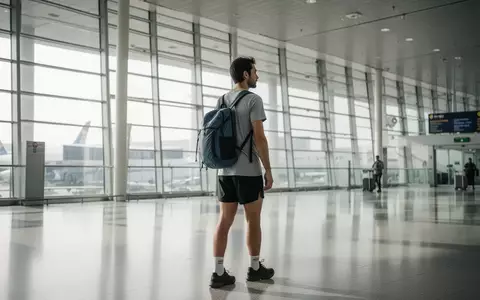 Eine minimalistisch ausgerüstete Reisende mit kleinem Rucksack in einem modernen, lichtdurchfluteten Flughafen-Terminal. - Foto: über boerse-global.de