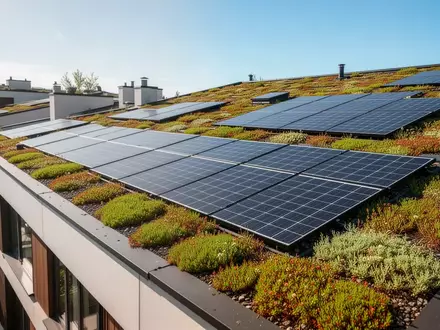 Begrüntes Flachdach mit Photovoltaikanlagen an einem sonnigen Sommertag zur natürlichen Gebäudekühlung. - Foto: über boerse-global.de