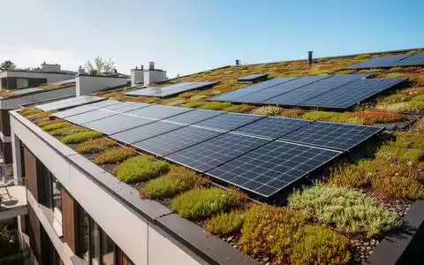 Begrüntes Flachdach mit Photovoltaikanlagen an einem sonnigen Sommertag zur natürlichen Gebäudekühlung. - Foto: über boerse-global.de