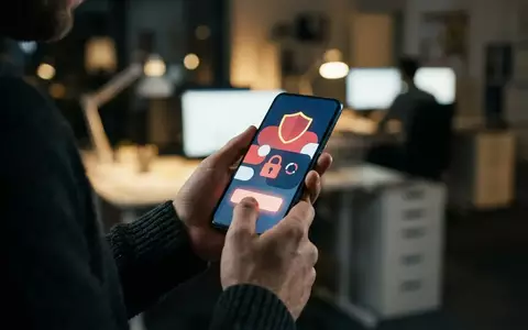 Eine Person hält ein modernes Smartphone in einer Büroumgebung, während eine Sicherheitswarnung auf dem Display erscheint. - Foto: über boerse-global.de