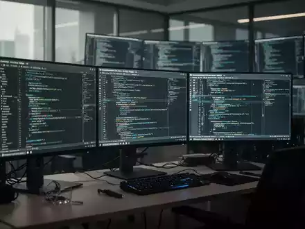 Arbeitsplatz mit moderner Computertechnik und Bildschirmen in einem abgedunkelten Büro. - Foto: über boerse-global.de