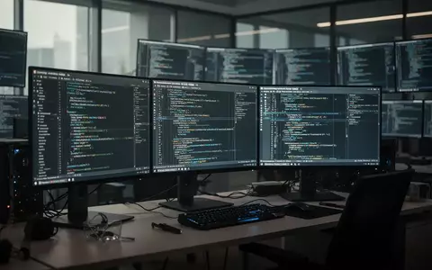 Arbeitsplatz mit moderner Computertechnik und Bildschirmen in einem abgedunkelten Büro. - Foto: über boerse-global.de