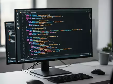 Ein moderner Arbeitsplatz mit einem Monitor, auf dem komplexer Programmcode angezeigt wird. - Foto: über boerse-global.de