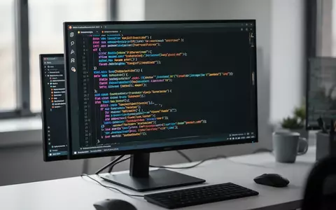 Ein moderner Arbeitsplatz mit einem Monitor, auf dem komplexer Programmcode angezeigt wird. - Foto: über boerse-global.de