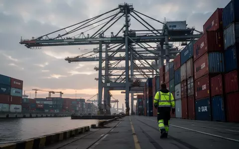 Blick auf einen Containerhafen mit riesigen Verladekränen und gestapelten Containern in der Dämmerung. - Foto: über boerse-global.de