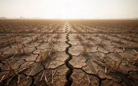 Ein ausgetrocknetes, rissiges Ackerfeld mit verdorrten Pflanzenresten unter einer heißen Sonne. - Foto: über boerse-global.de
