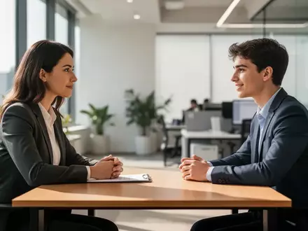 Ein Personaler führt ein professionelles Gespräch mit einem jungen Bewerber in einem hellen, modernen Büro. - Foto: über boerse-global.de